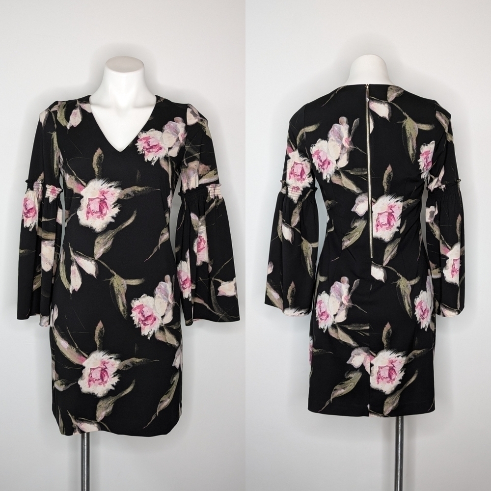 WHBM black pink floral bell sleeve knee length dress 2P